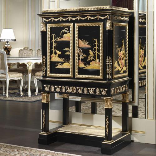 Black Lacquered Baroque Luxury Cabinet with Ornate Gold Leaf Details & Cream Marble Top - Royal Furniture Front View by Luxury Group International