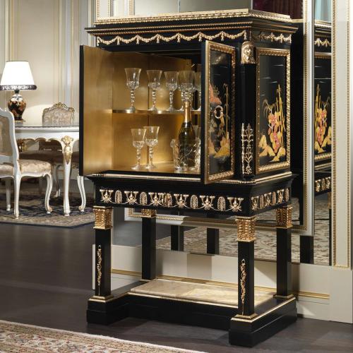 Black Lacquered Baroque Luxury Cabinet with Ornate Gold Leaf Details & Cream Marble Top - Royal Furniture Inside View by Luxury Group International