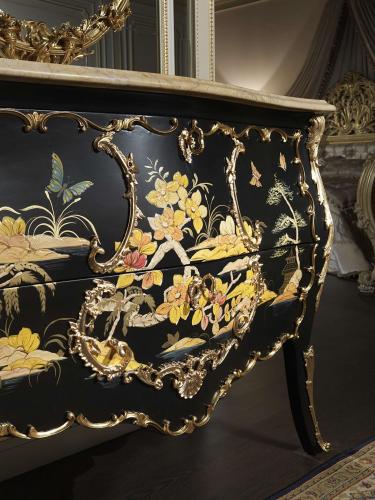 Black Lacquered Baroque Luxury Chest of Drawers with Ornate Gold Leaf Details & Hand-Painted 2-Drawer Storage Detail View by Luxury Group International