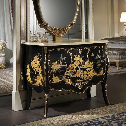 Black Lacquered Baroque Luxury Chest of Drawers with Ornate Gold Leaf Details & Hand-Painted 2-Drawer Storage Front View by Luxury Group International