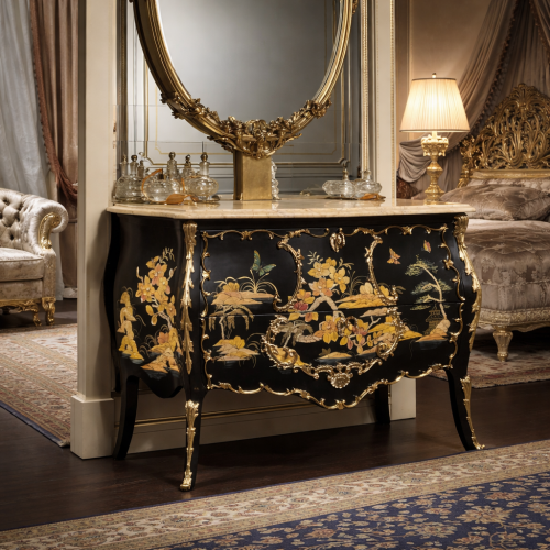 Black Lacquered Baroque Luxury Chest of Drawers with Ornate Gold Leaf Details & Hand-Painted 2-Drawer Storage Lifestyle View by Luxury Group International