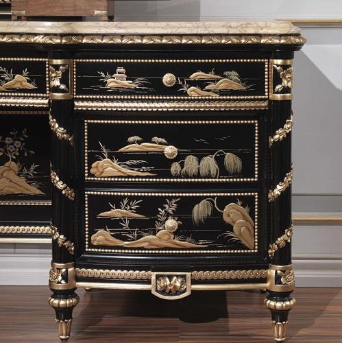 Black Lacquered Baroque Luxury Dressing Table - Ornate Gold Leaf Details with Multi Drawer Storage Detail View by Luxury Group International