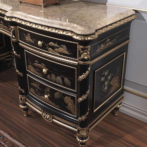 Black Lacquered Baroque Luxury Dressing Table - Ornate Gold Leaf Details with Multi Drawer Storage Detail View by Luxury Group International
