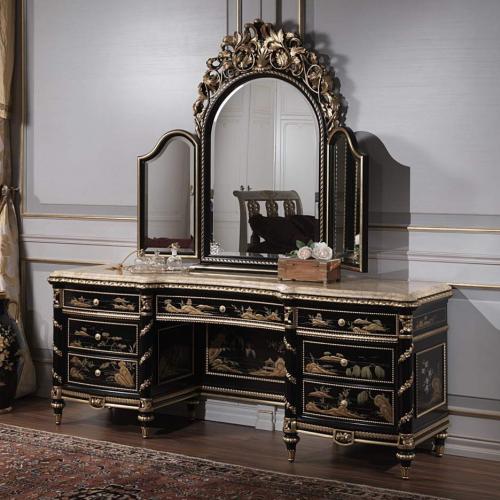 Black Lacquered Baroque Luxury Dressing Table - Ornate Gold Leaf Details with Multi Drawer Storage Front View by Luxury Group International