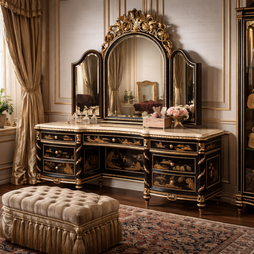 Black Lacquered Baroque Luxury Dressing Table-Multi Drawer Storage | Luxury  Group International