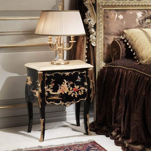 Black Lacquered Baroque Luxury Nightstand with Ornate Gold Leaf Details & Cream Marble Top - Royal Furniture Front View by Luxury Group International
