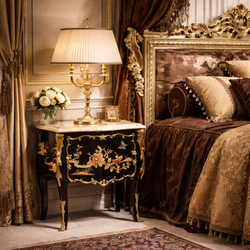 Black Lacquered Baroque Luxury Nightstand with Ornate Gold Leaf Details & Cream Marble Top - Royal Furniture Lifestyle View by Luxury Group International