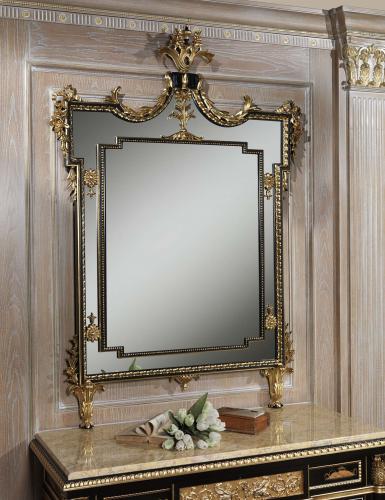 Black Lacquered Chinoiserie Luxury Mirror with Gold Leaf & Baroque Frame - Royal Furniture Front View by Luxury Group International