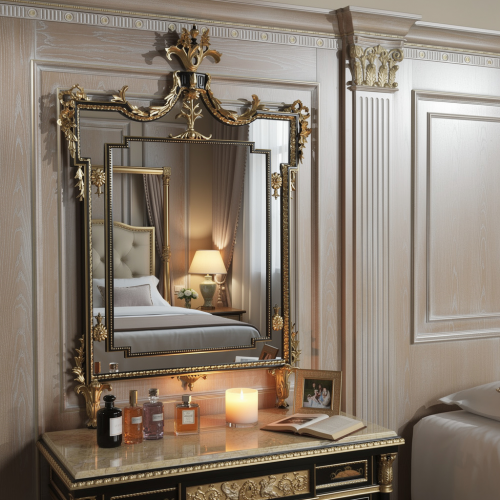 Black Lacquered Chinoiserie Luxury Mirror with Gold Leaf & Baroque Frame - Royal Furniture Lifestyle View by Luxury Group International