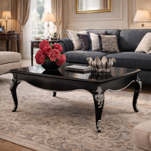 Black Lacquered Luxury Baroque Coffee Table with Silver Leaf Carved Leg - Luxury Living Room Furniture Lifestyle View by Luxury Group International