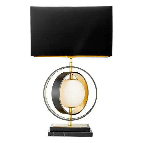 Lampada da tavolo Art Deco di lusso con paralume nero, finitura oro e globo in alabastro bianco di Luxury Group International
