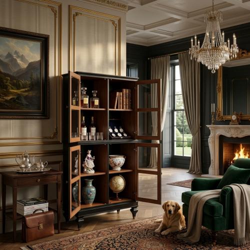 Black Luxury Baroque Display Cabinet with Four Glass Doors in Wooden Framed Panels - Baroque Furniture Lifestyle View by Luxury Group International