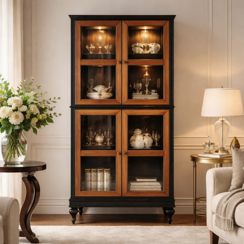 Black Luxury Baroque Display Cabinet with Four Glass Doors in Wooden Framed Panels - Baroque Furniture Lifestyle View by Luxury Group International