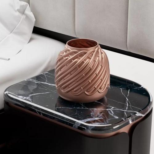 Black Marble Top Rectangular Dark Brown Luxury Wooden Nightstand with Copper Finish by Luxury Group International