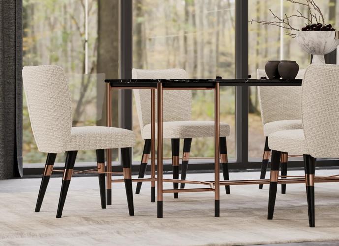 Black Marble Top Rectangular Luxury Dining Table with Copper Legs Lifestyle View by Luxury Group International