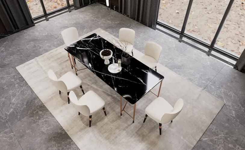 Black Marble Top Rectangular Luxury Dining Table with Copper Legs by Luxury Group International