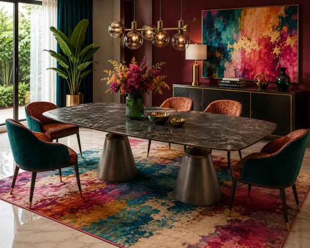 Black Marble Top Rectangular Luxury Modern Dining Table with conical metal legs by Luxury Group International