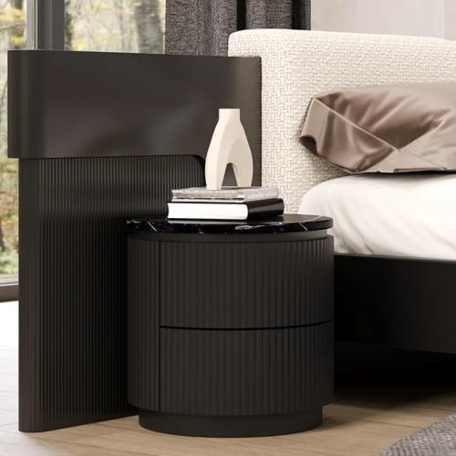 Black Marble Top Round Nightstand with Ribbed Design and Luxury Storage Drawers by Luxury Group International