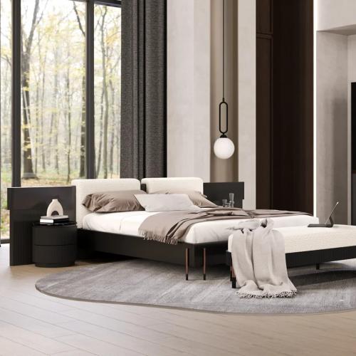 Black Marble Top Round Nightstand with Ribbed Design and Luxury Storage Drawers by Luxury Group International