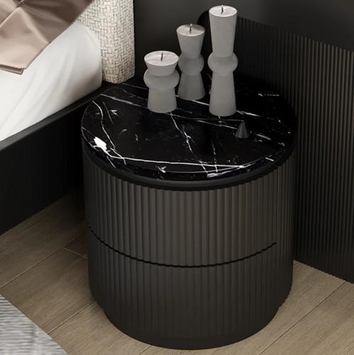 Black Marble Top Round Nightstand with Ribbed Design and Luxury Storage Drawers by Luxury Group International