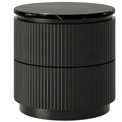 Black Marble Top Round Nightstand with Ribbed Design and Luxury Storage Drawers by Luxury Group International