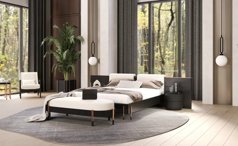 Black Marble Top Round Nightstand with Ribbed Design and Luxury Storage Drawers by Luxury Group International