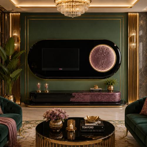 Mueble de TV de diseño de lujo en madera lacada en negro y malva con acabado brillante y paneles con detalles dorados por Luxury Group International
