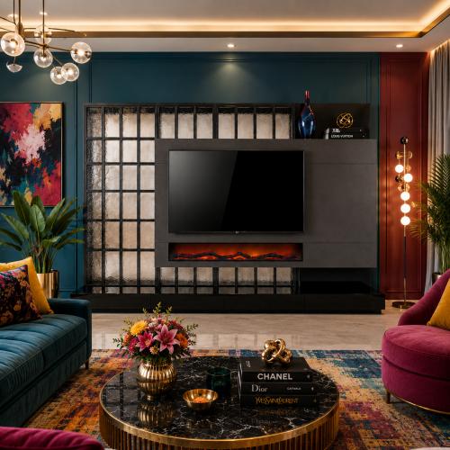 Mobile TV Nero Moderno di Lusso con camino elettrico e pannello a griglia geometrica di Luxury Group International