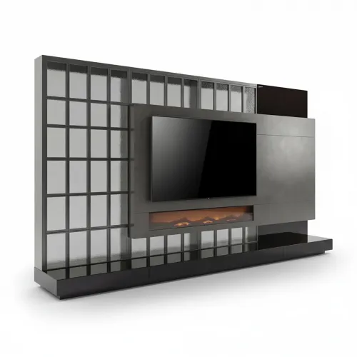 Mobile TV Nero Moderno di Lusso con camino elettrico e pannello a griglia geometrica di Luxury Group International