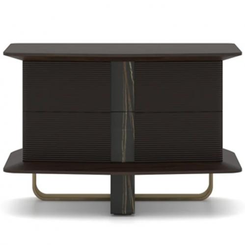 Black Oak Veneer Finish Marble Accent Antique Brass Base Luxury Nightstand-Bedside Table Front View by Luxury Group International