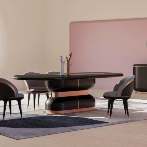 Black Oval Faux Leather Top Luxury Dining Table with Copper Finish Base Lifestyle View by Luxury Group International