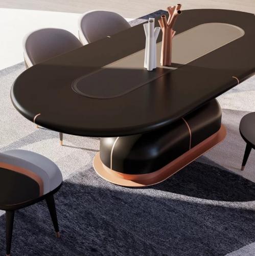 Black Oval Faux Leather Top Luxury Dining Table with Copper Finish Base by Luxury Group International