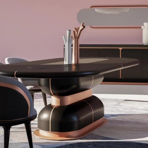 Black Oval Faux Leather Top Luxury Dining Table with Copper Finish Base by Luxury Group International