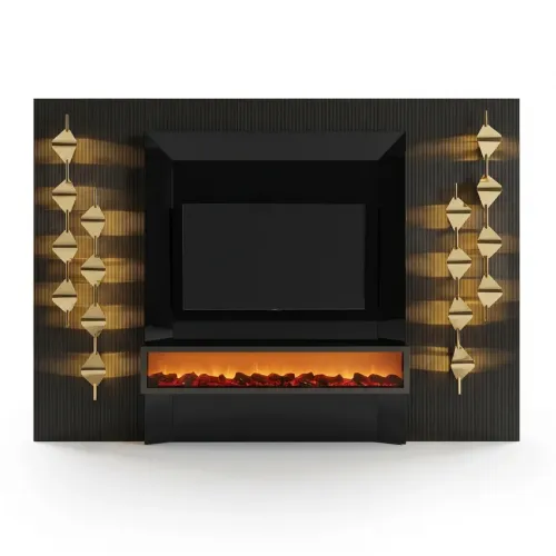 Black Ribbed Design Luxury TV Unit with Fireplace & Gold Accent Panels by Luxury Group International