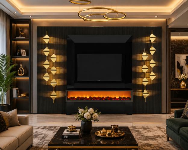 Mueble de TV de lujo con diseño acanalado negro, chimenea integrada y paneles con detalles dorados por Luxury Group International