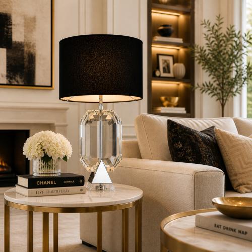 Lámpara de Mesa Moderna con Pantalla Negra y Acabado en Níquel con Cristal de Prisma Facetado por Luxury Group International
