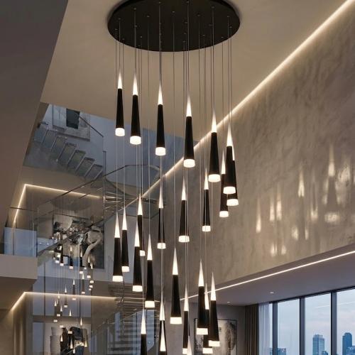 Black Spiral Multi Staircase Luxury Cascading Rain Drop Chandelier with Acrylic Shade by Luxury Group International