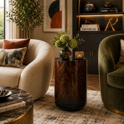 Luxury Modern Cylindrical Side Table with Dark Wood Veneer Finish by Luxury Group International