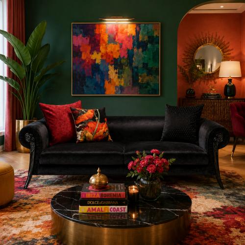 Sofá Loveseat Elegante de Lujo en Terciopelo Negro Mate con Brazos y Patas Enrolladas por Luxury Group International