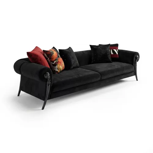 Sofá Loveseat Elegante de Lujo en Terciopelo Negro Mate con Brazos y Patas Enrolladas por Luxury Group International
