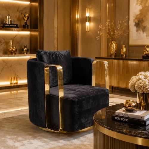 Sillón Tapizado en Terciopelo Negro con Detalles Dorados por Luxury Group International
