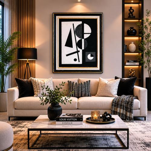 Schwarz-Weiß Geometrischer Druck Moderne Luxus Wandkunst mit Goldfarbener Kantenverzierung von Luxury Group International