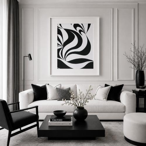 Schwarz-Weiß Luxus Abstrakte Wandkunst mit weißem Rahmen von Luxury Group International