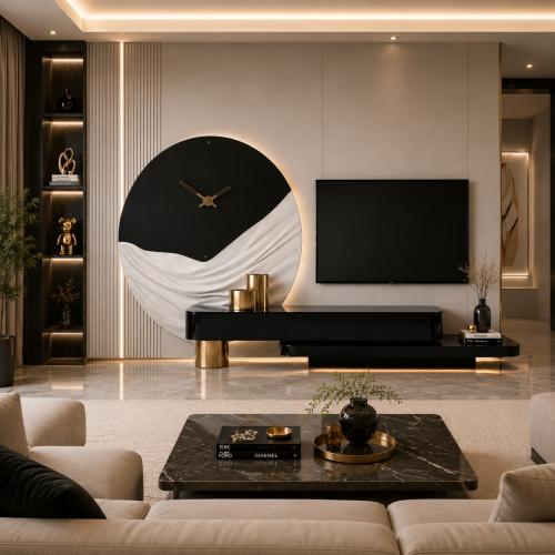 Mobile TV Sospeso di Lusso Bianco e Nero con Pannello Orologio Artistico in Marmo e Base con Accenti Dorati di Luxury Group International