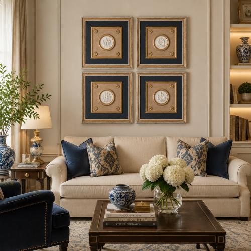 Blau & gold Klassisches Medaillon Luxus Wandkunst Set aus 4 mit antikem Reliefdesign von Luxury Group International