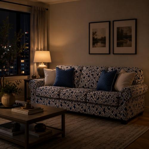 Sofá de Tres Plazas de Lujo con Tela Azul Estampada - Muebles para Salón Vista lifestyle por Luxury Group International