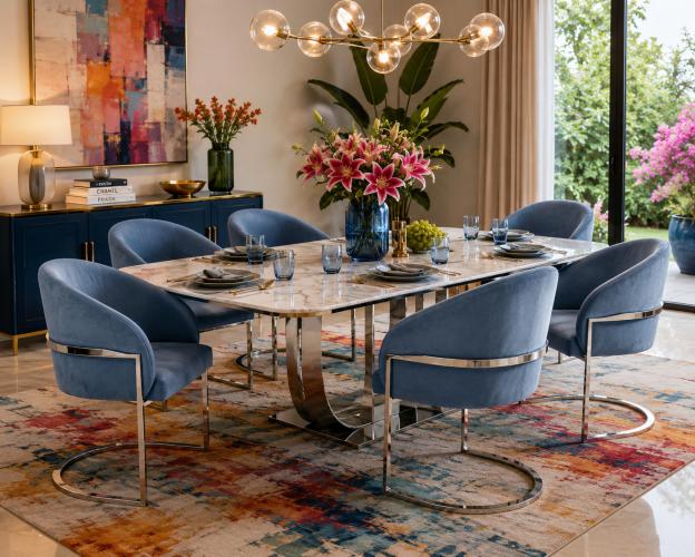 Blue Velvet Upholstered Silver Frame Premium Modern Dining Chair Rounded Barrel Back by Luxury Group International