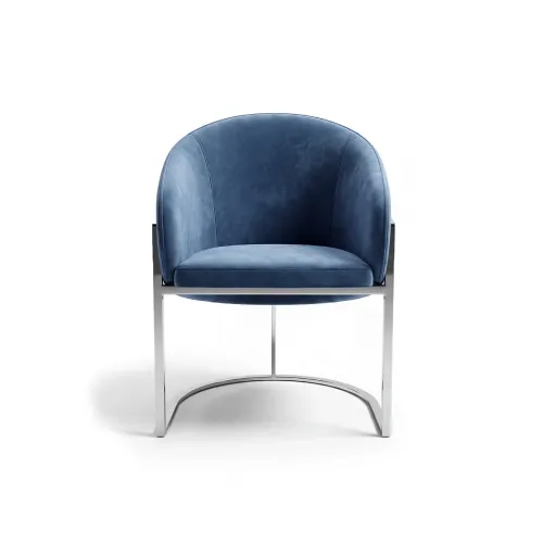 Blue Velvet Upholstered Silver Frame Premium Modern Dining Chair Rounded Barrel Back by Luxury Group International