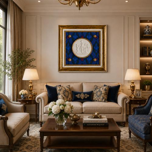 Blau-weiße Luxus Wandkunst mit floralem Medaillon, botanischem Textil und antikgoldenem Rahmen von Luxury Group International