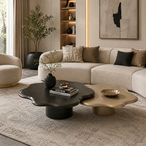 Brown & Beige Sculptural Amorphous Luxury Modern Nesting Coffee Table set of 2 by Luxury Group International